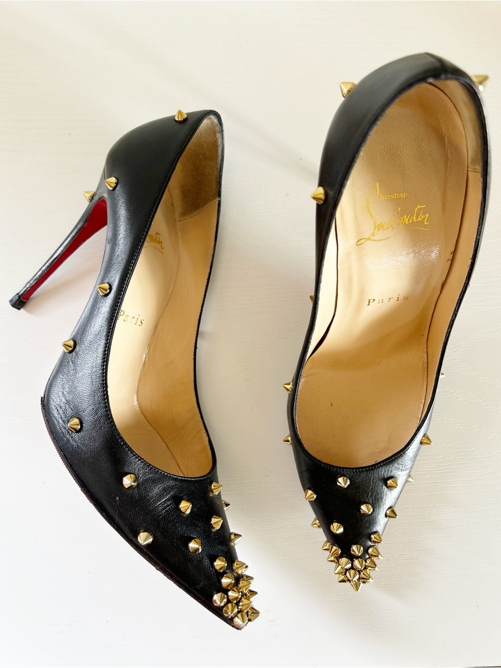 Christian Louboutin So Kate Degraspike Black Leather Gold Studded Heels EU 37.5